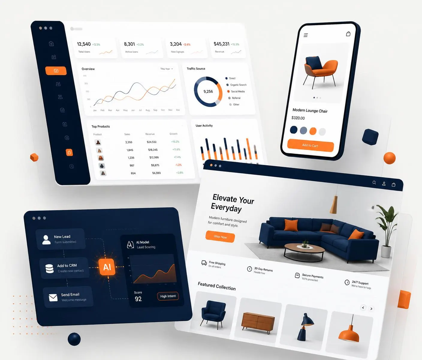 Digital agency mockups showcasing dashboards, e-commerce and mobile UI